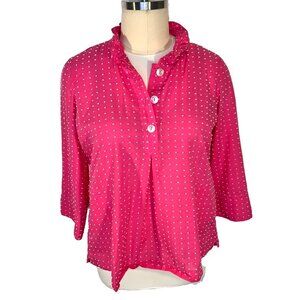 Appleseed's Blouse Womens XL Gathered Collar Pink with White Tufted Polka Dots